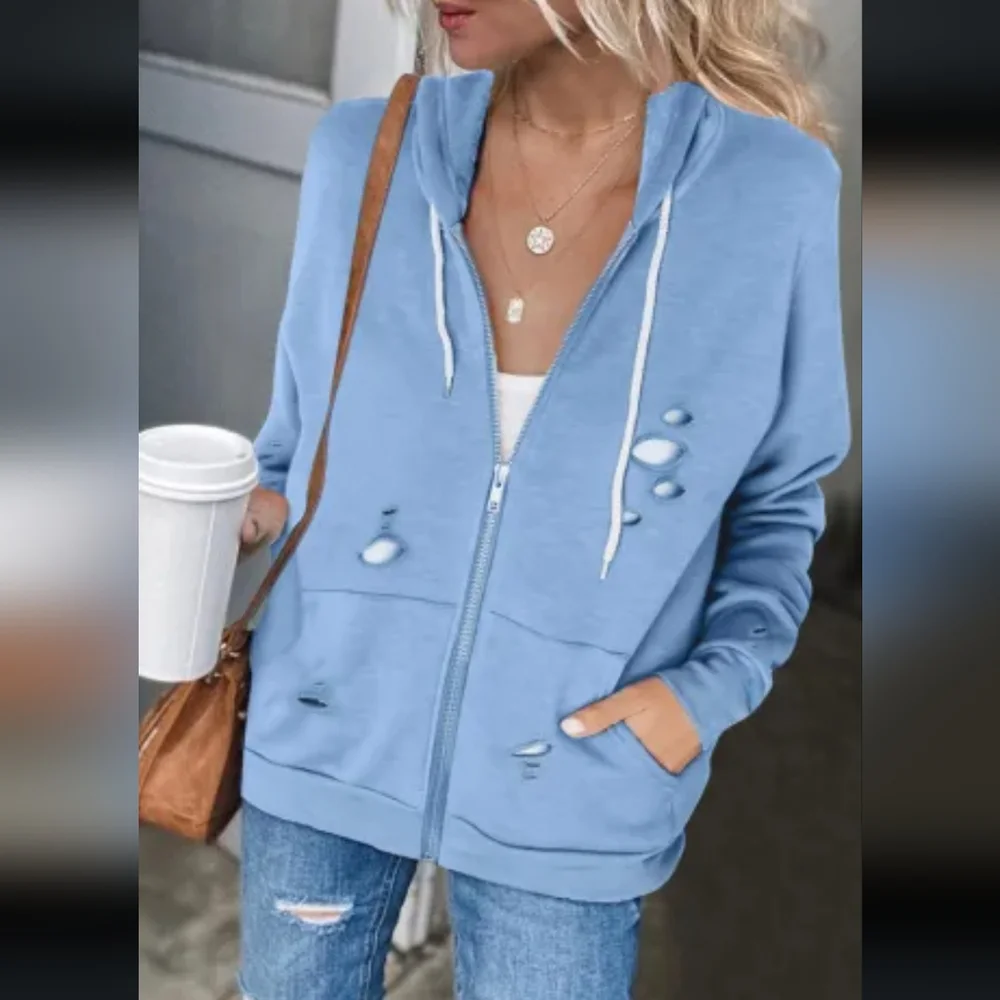 New sky blue distressed zip-up hoodie - Picture 6 of 11
